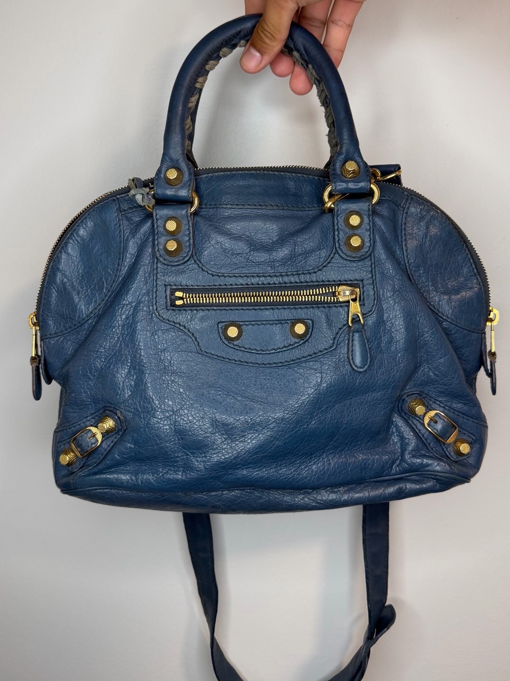 Balenciaga Le City Medium Shoulder Bag Blue Crinkled Waxed Lambskin RHW